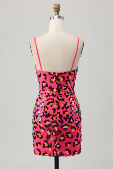 Fuchsia Bodycon Spaghetti Straps Sequins Homecoming Dress with Slit